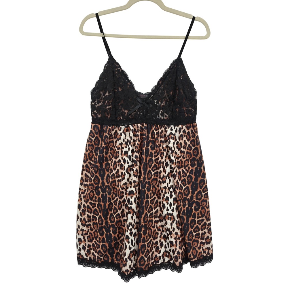 AvidLove Leopard Print Lace Trim Babydoll Chemise Nightgown Black Brown Large